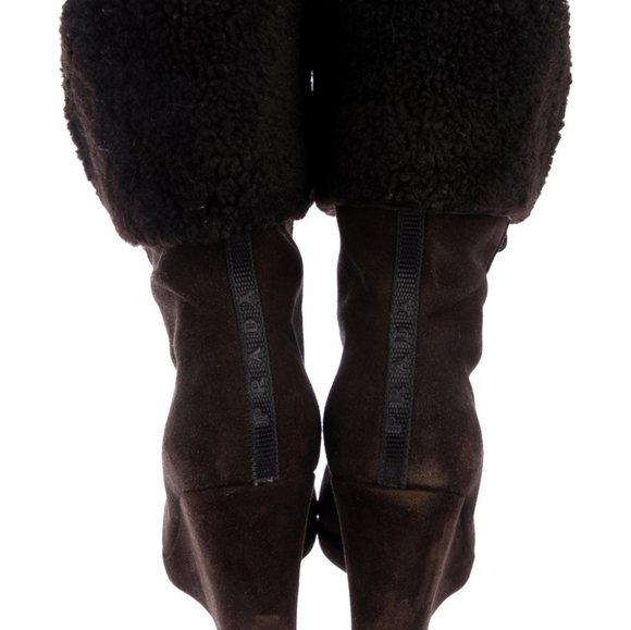 Prada Brown Shearling Lace-Up Wedge Boots Size: IT39 - Picture 3 of 5